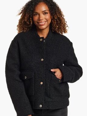 Gallery Black Teddy Bomber Jacket with Snap Buttons NWT